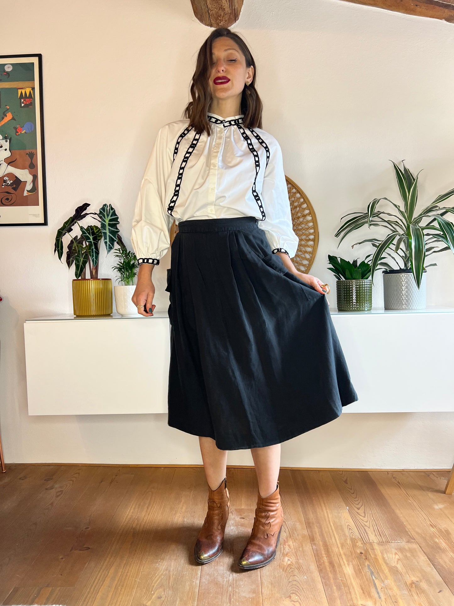 1990's vintage black linen midi skirt