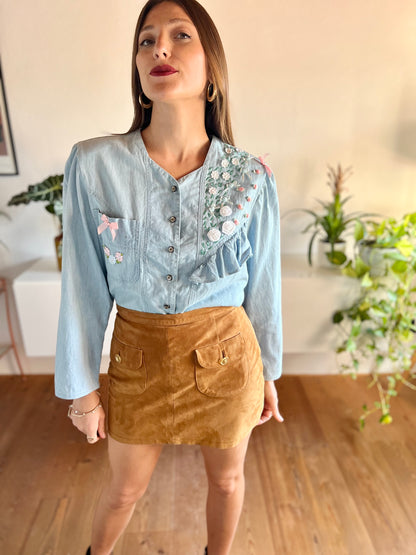 1980's vintage light blue denim shirt with floral ribbon and glass bead detailing