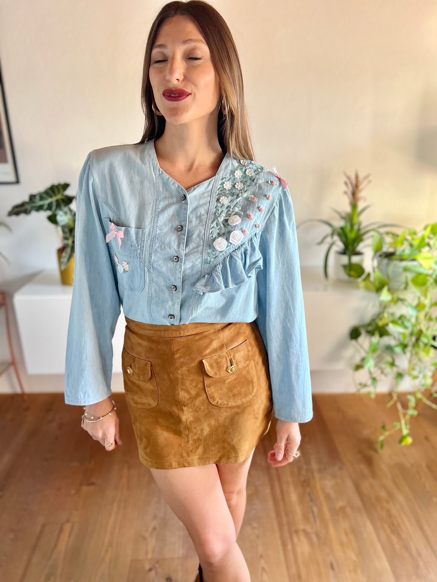 1980's vintage light blue denim shirt with floral ribbon and glass bead detailing