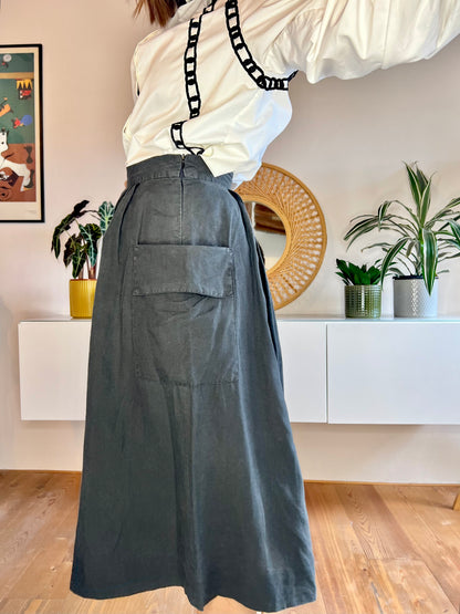 1990's vintage black linen midi skirt