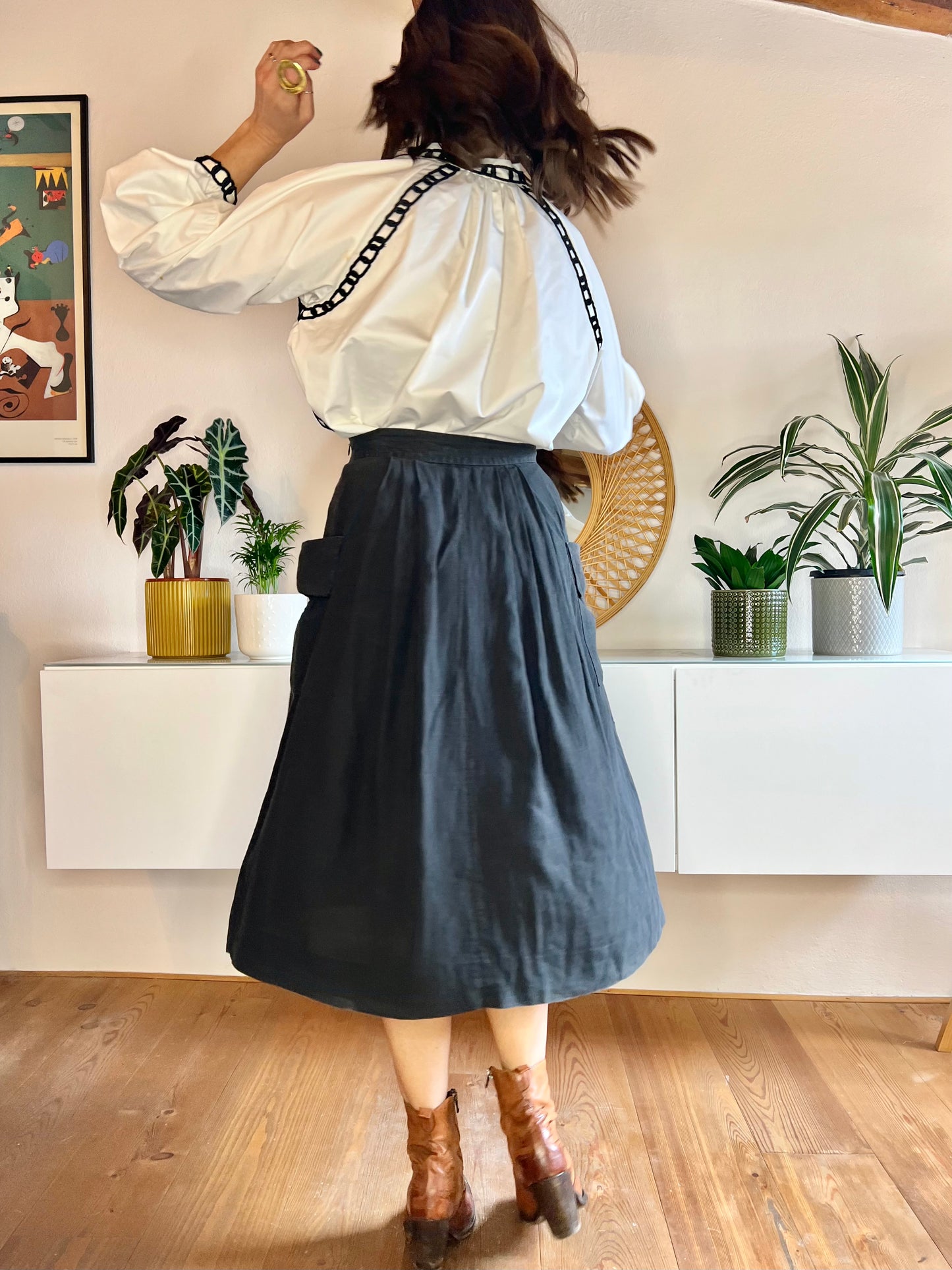 1990's vintage black linen midi skirt