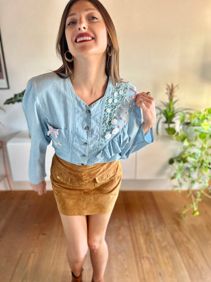 1980's vintage light blue denim shirt with floral ribbon and glass bead detailing