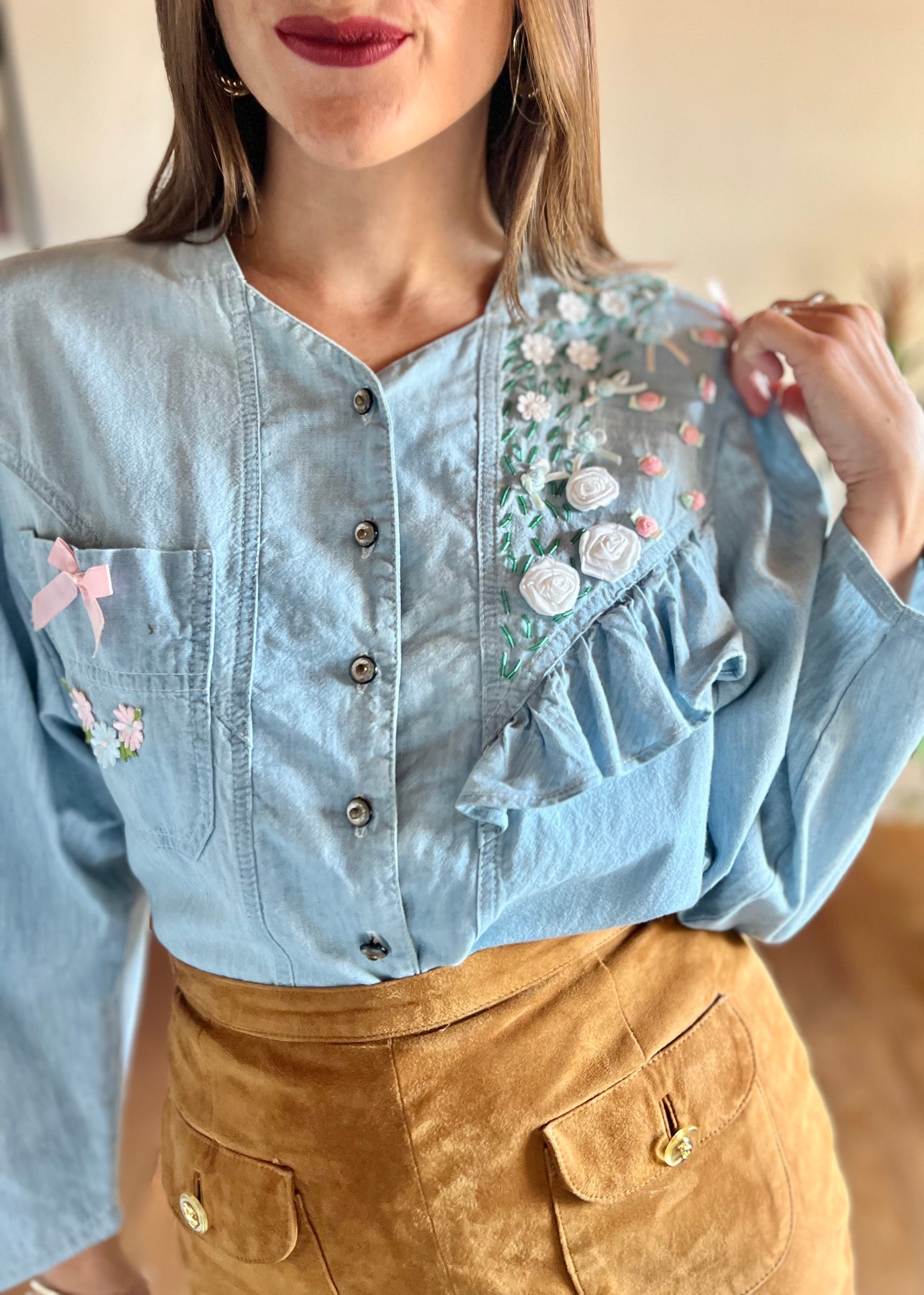 1980's vintage light blue denim shirt with floral ribbon and glass bead detailing