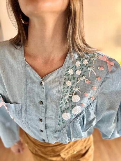 1980's vintage light blue denim shirt with floral ribbon and glass bead detailing