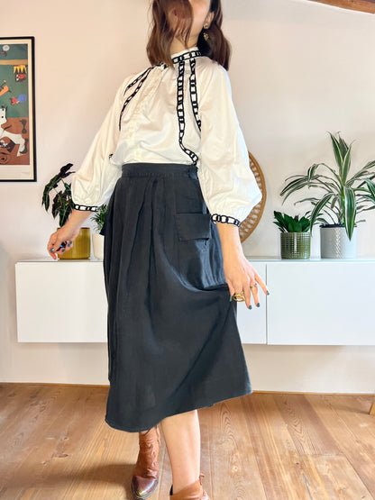 1990's vintage black linen midi skirt