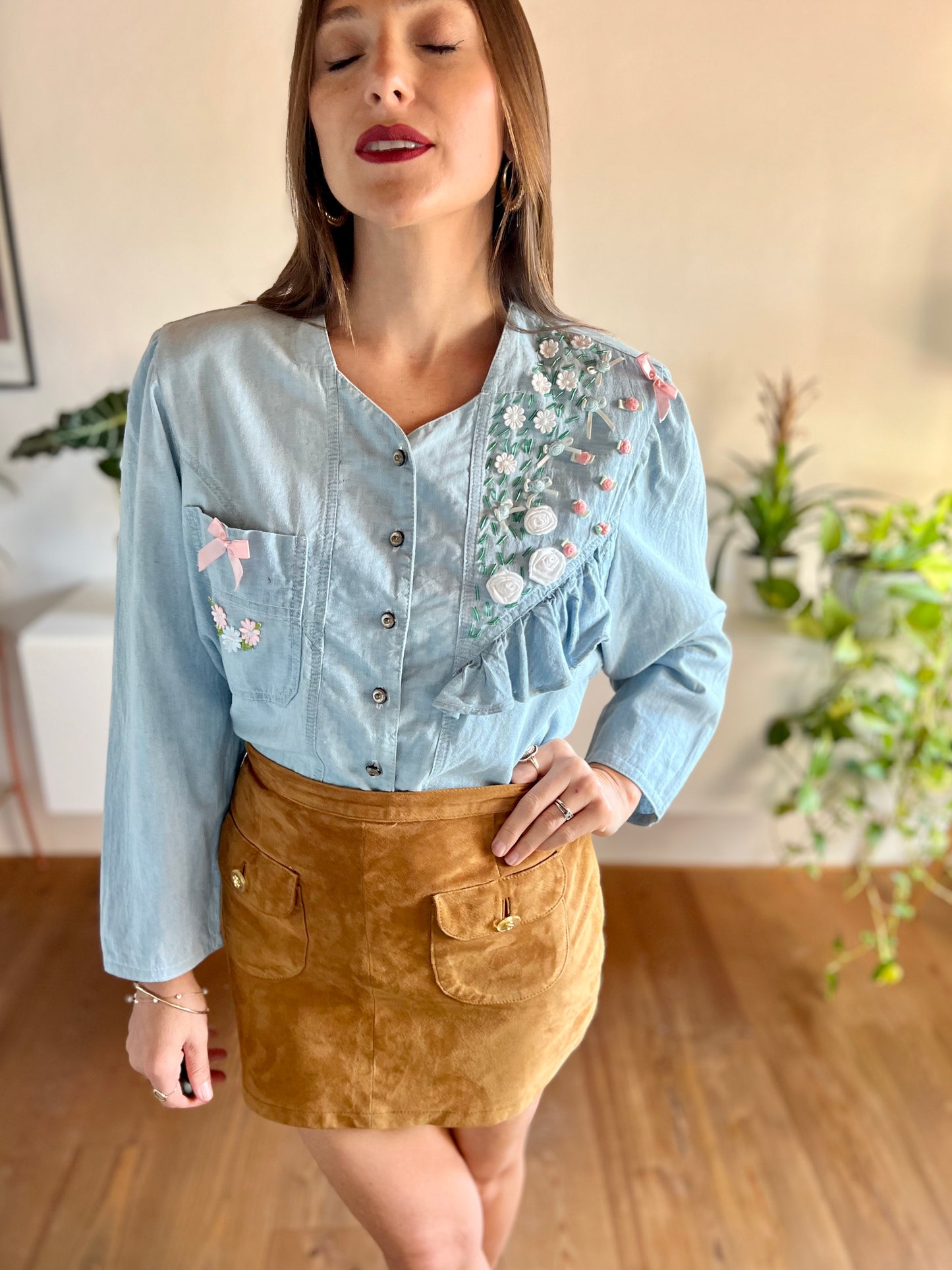 1980's vintage light blue denim shirt with floral ribbon and glass bead detailing