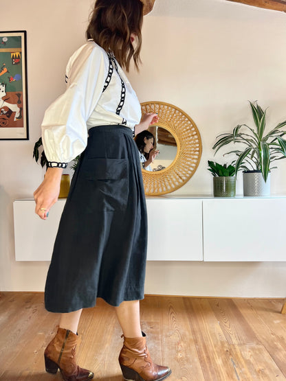 1990's vintage black linen midi skirt