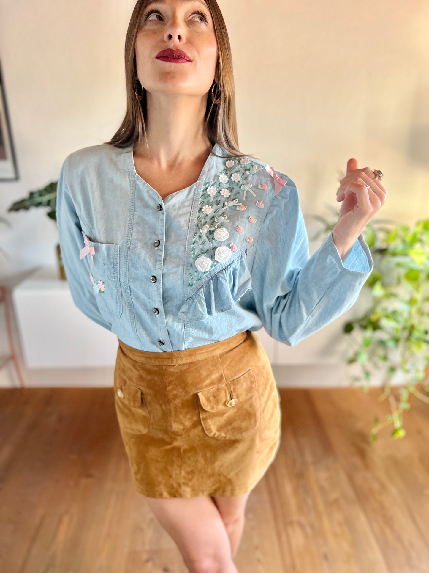 1980's vintage light blue denim shirt with floral ribbon and glass bead detailing