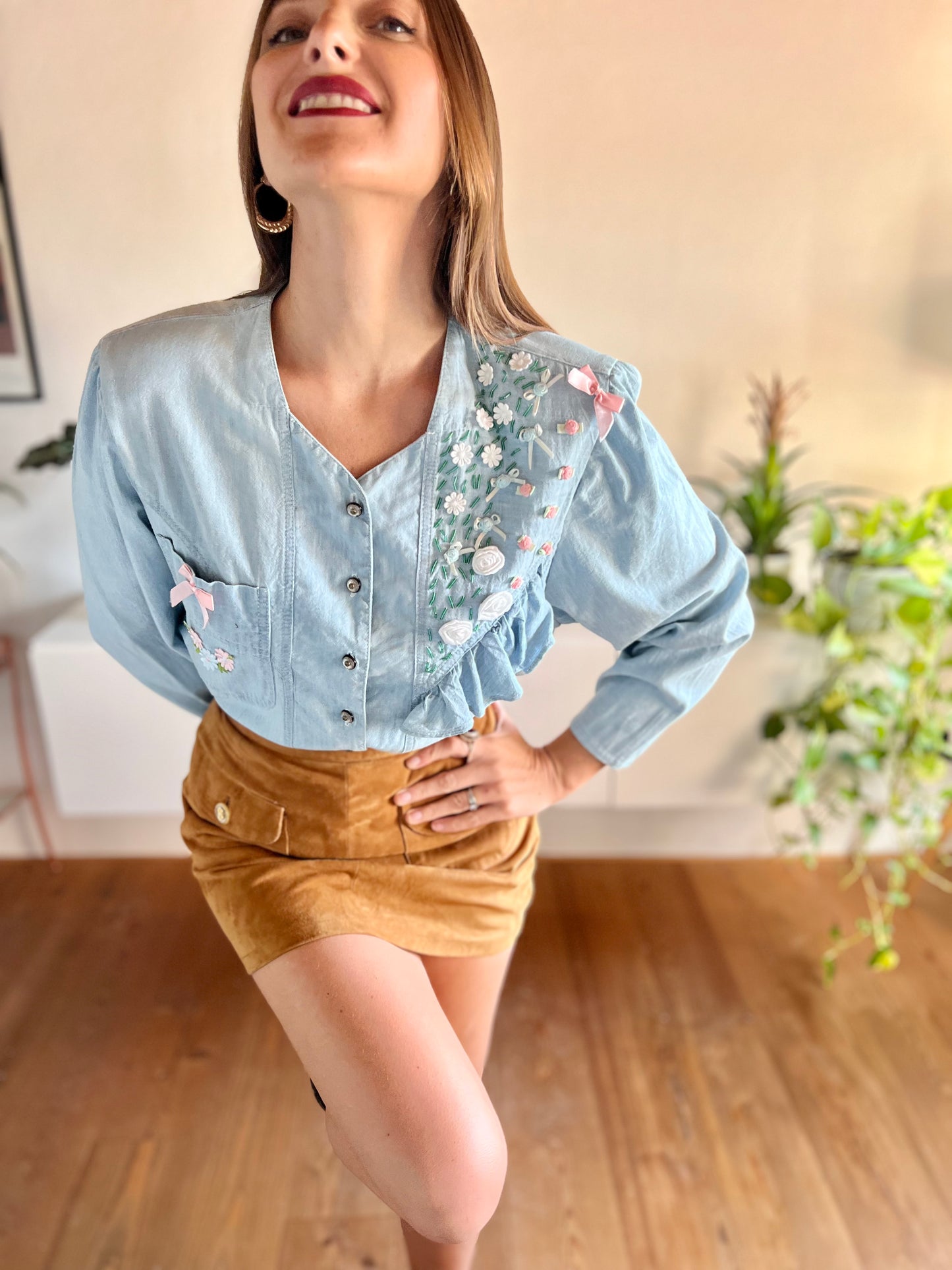 1980's vintage light blue denim shirt with floral ribbon and glass bead detailing