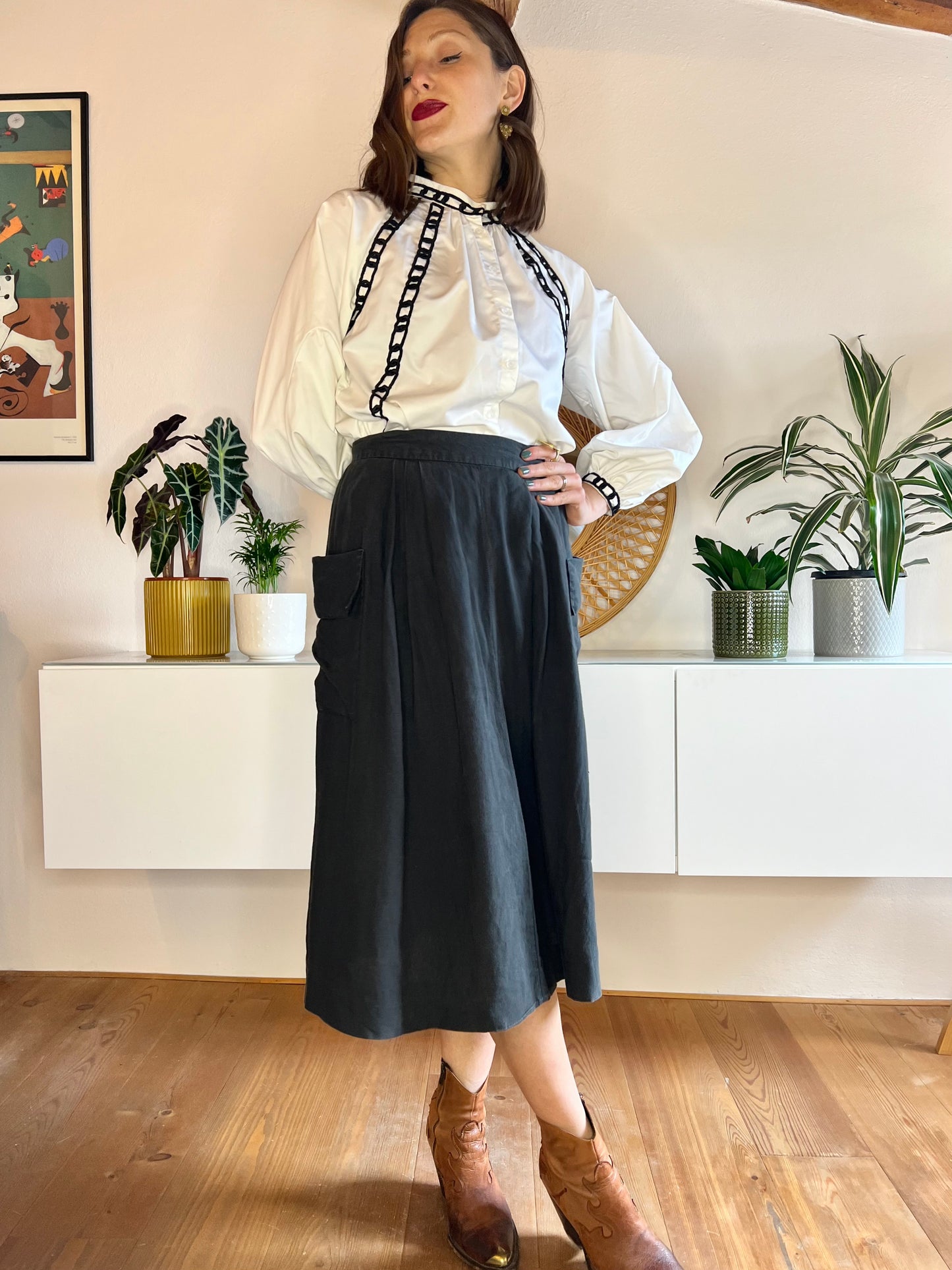 1990's vintage black linen midi skirt