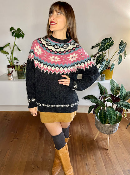 1970's pink and grey geometric knit wool pullover