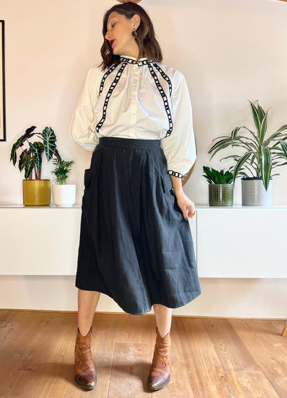 1990's vintage black linen midi skirt