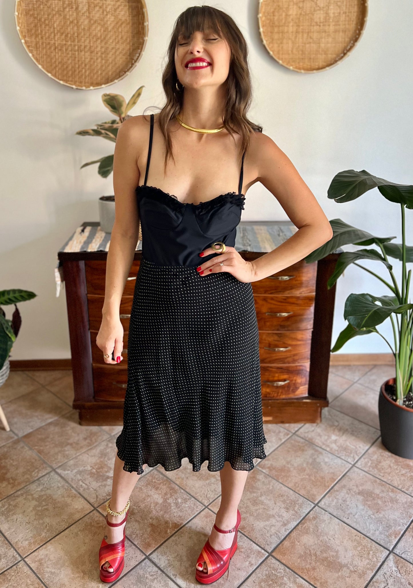 1990's vintage black and white polkadot midi skirt
