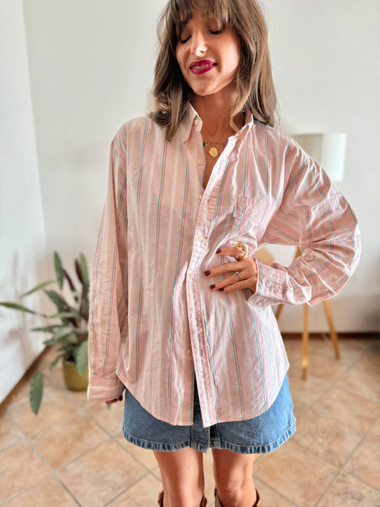 1990's vintage light pink oversized shirt with multicolor stripes
