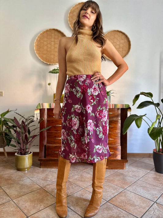 1990's vintage burgundy floral print midi skirt