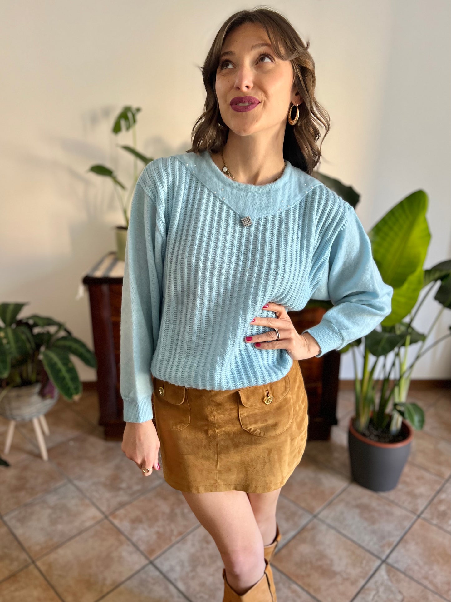 1980's vintage light blue knit pullover with rhinestone details