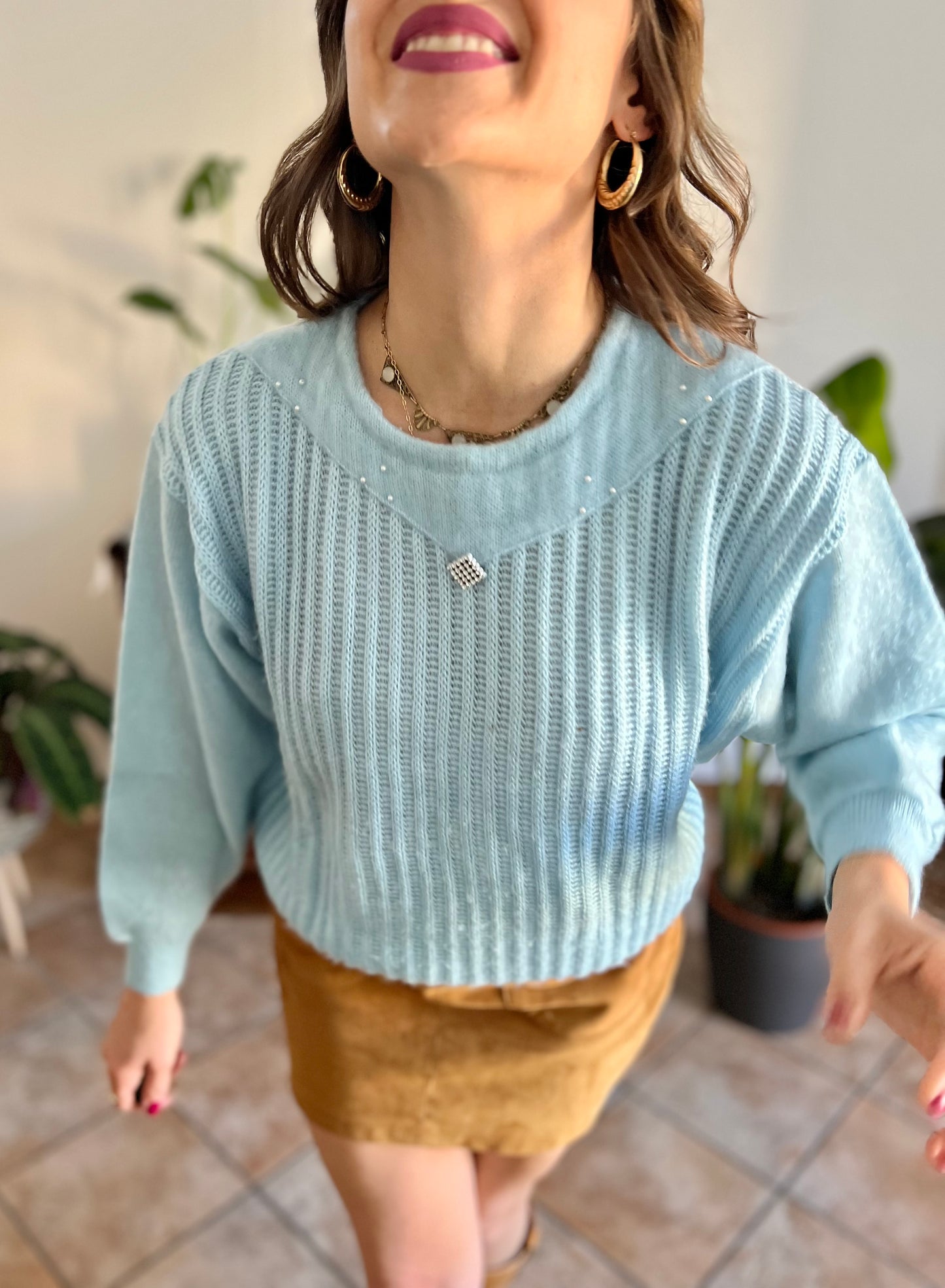 1980's vintage light blue knit pullover with rhinestone details