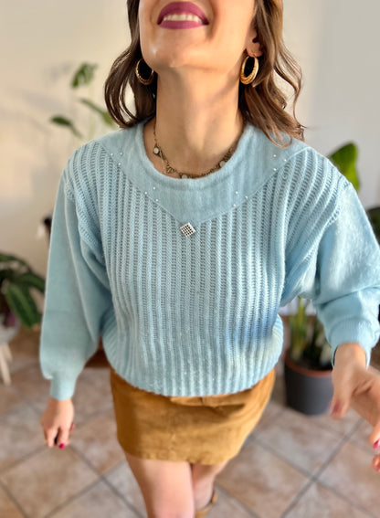 1980's vintage light blue knit pullover with rhinestone details