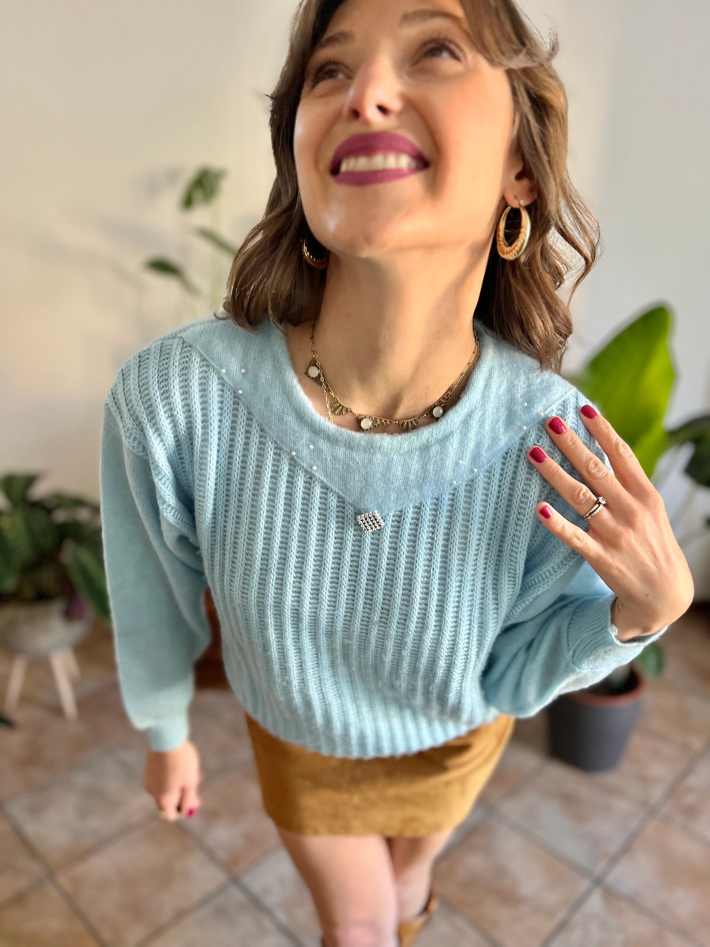 1980's vintage light blue knit pullover with rhinestone details