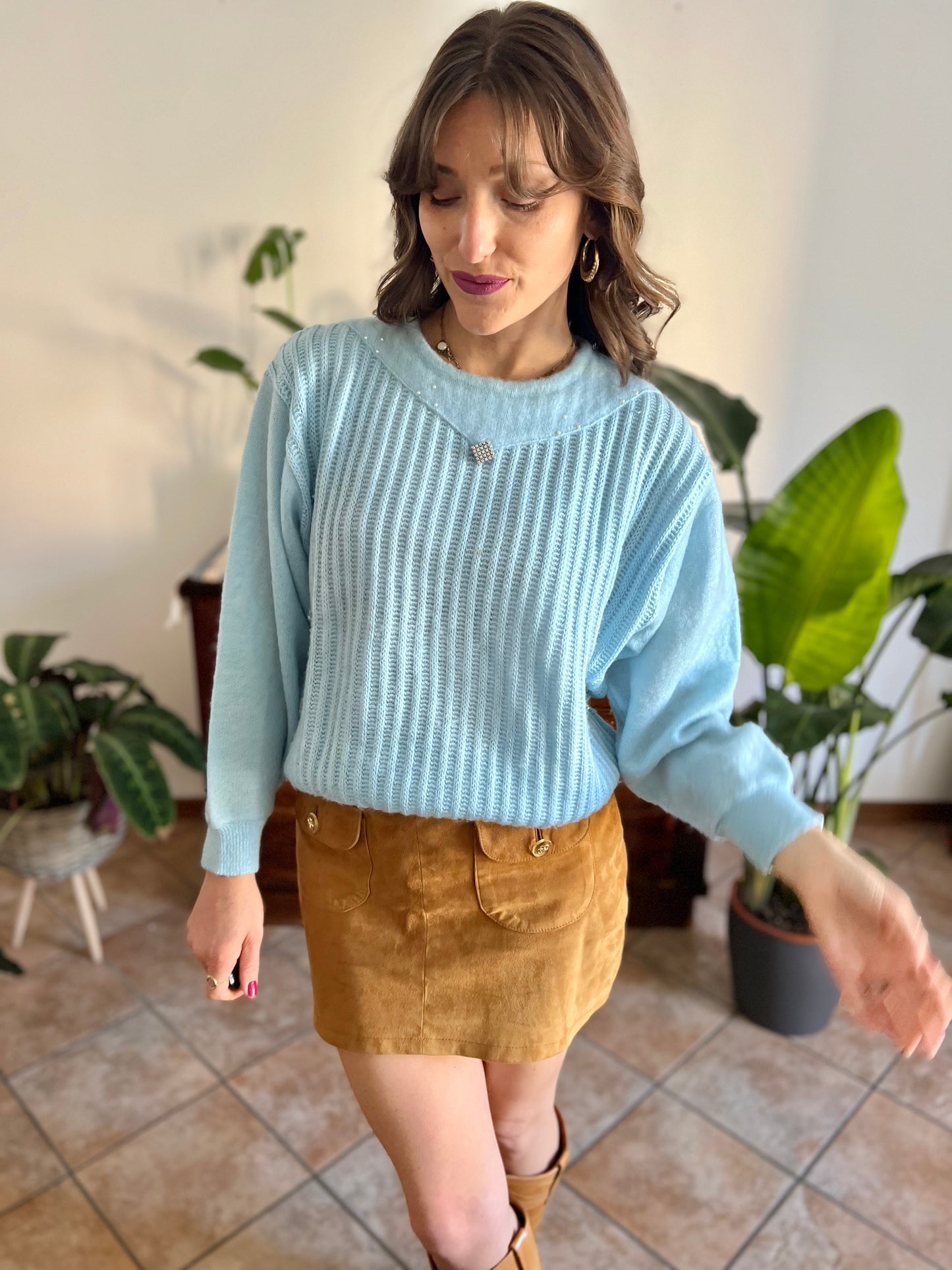 1980's vintage light blue knit pullover with rhinestone details
