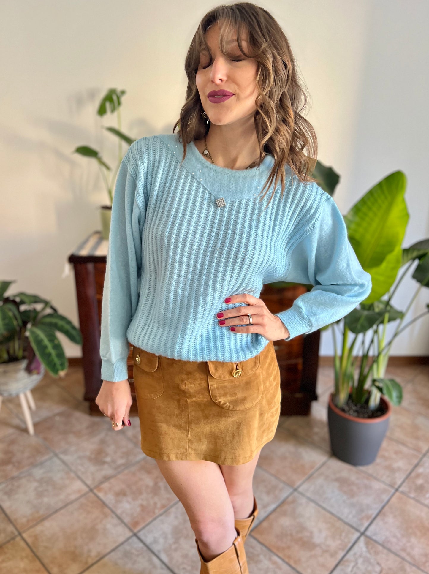 1980's vintage light blue knit pullover with rhinestone details
