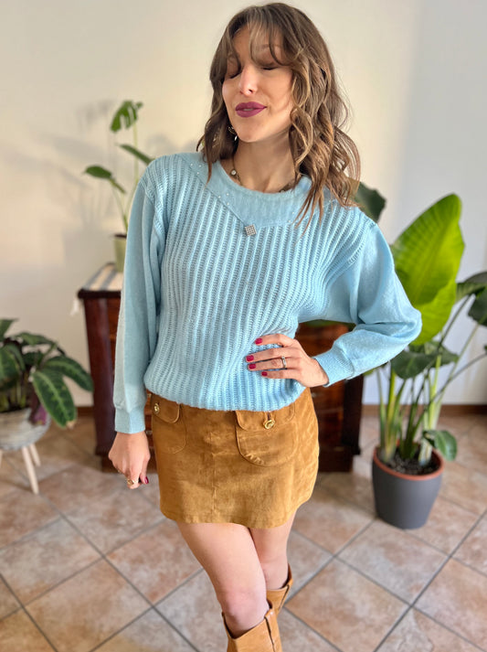 1980's vintage light blue knit pullover with rhinestone details