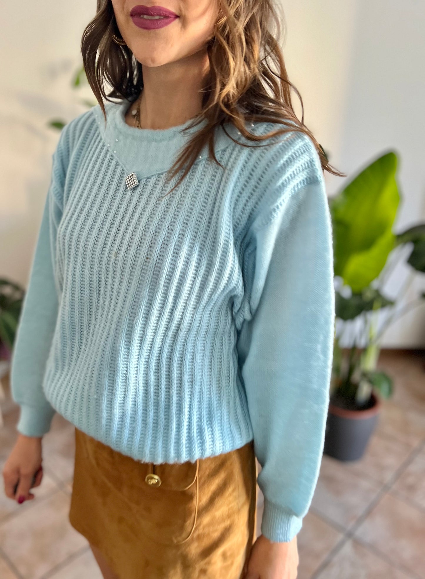 1980's vintage light blue knit pullover with rhinestone details