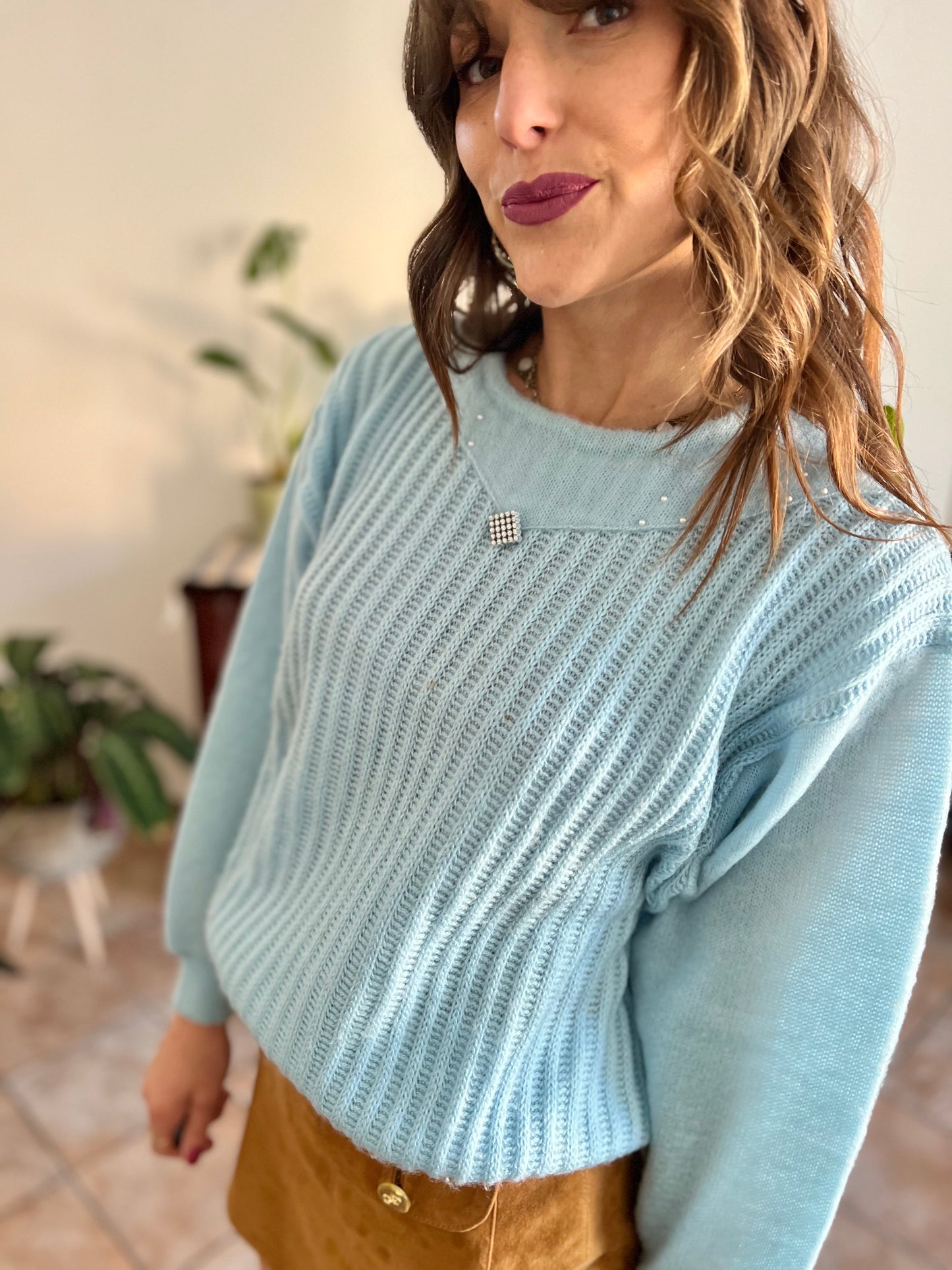 1980's vintage light blue knit pullover with rhinestone details