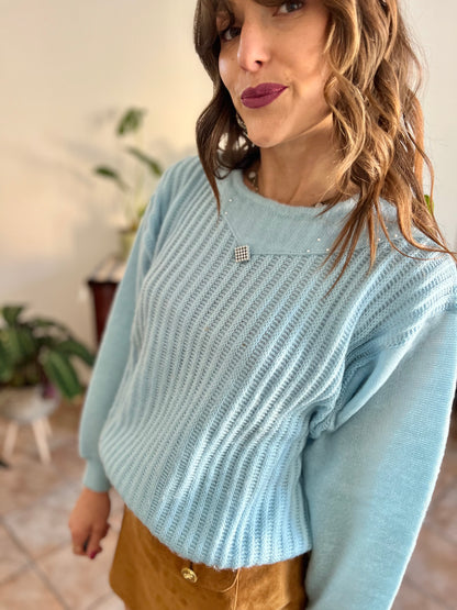 1980's vintage light blue knit pullover with rhinestone details
