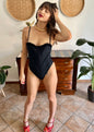 1970's vintage black texture body suit with lace trimming