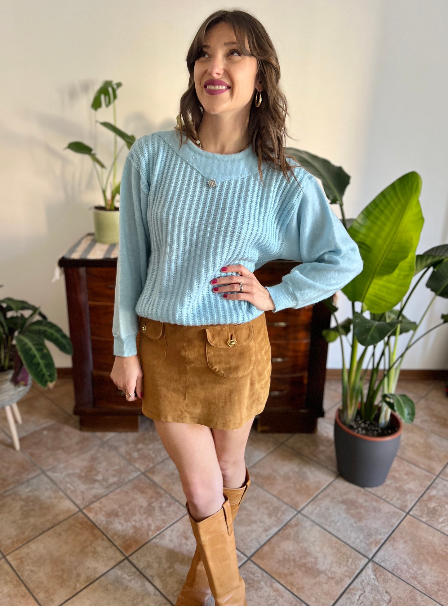 1980's vintage light blue knit pullover with rhinestone details