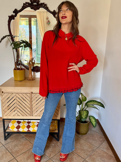 1980's vintage cherry red textured blouse with black ruffle hem