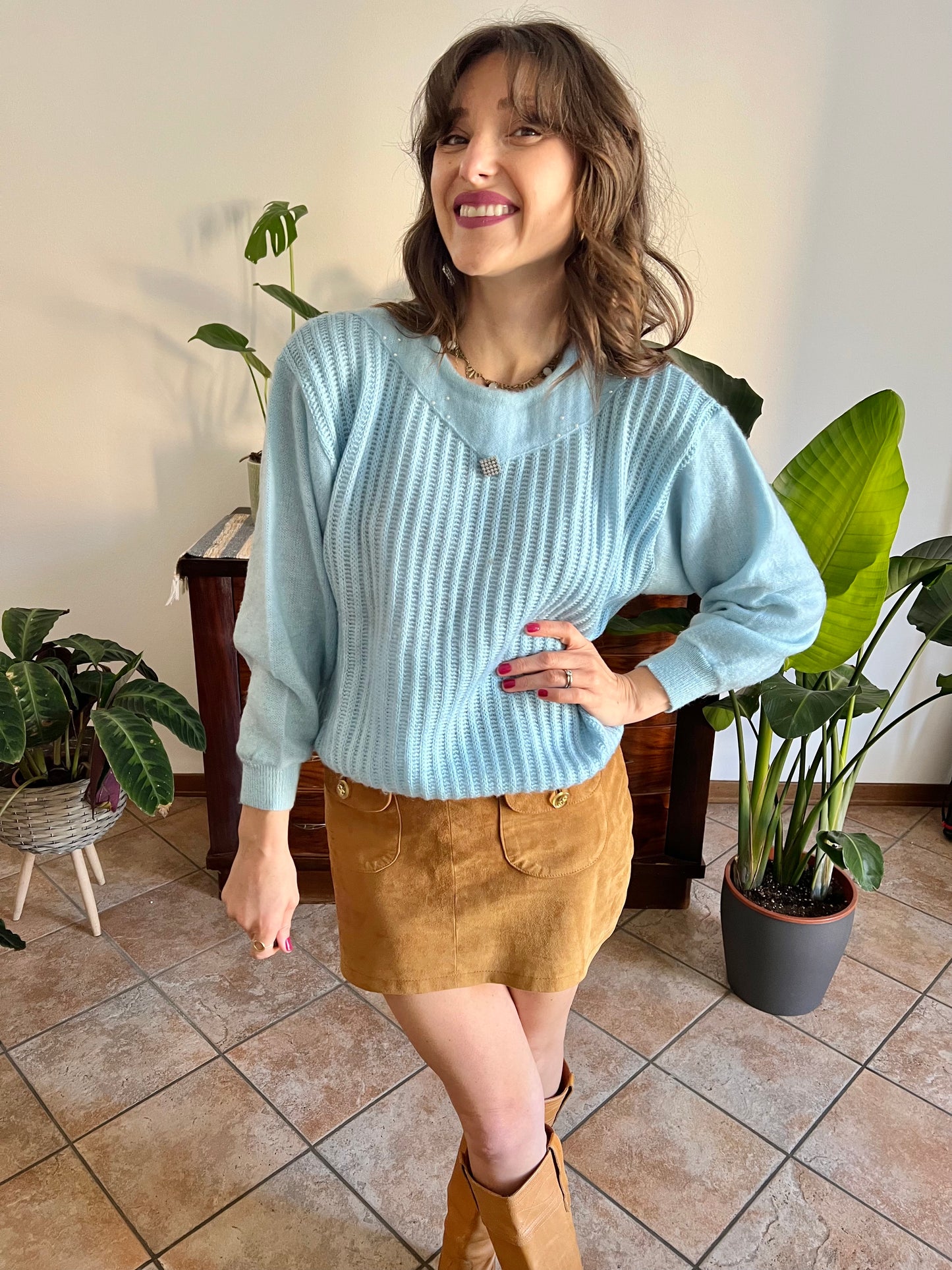 1980's vintage light blue knit pullover with rhinestone details