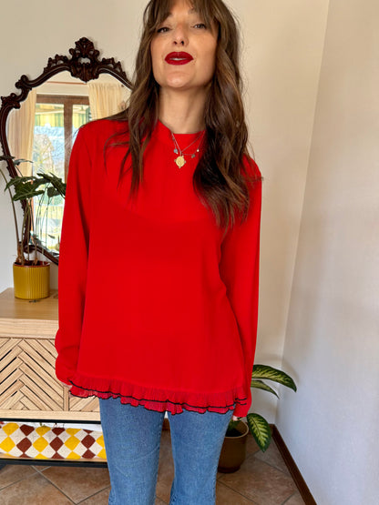 1980's vintage cherry red textured blouse with black ruffle hem