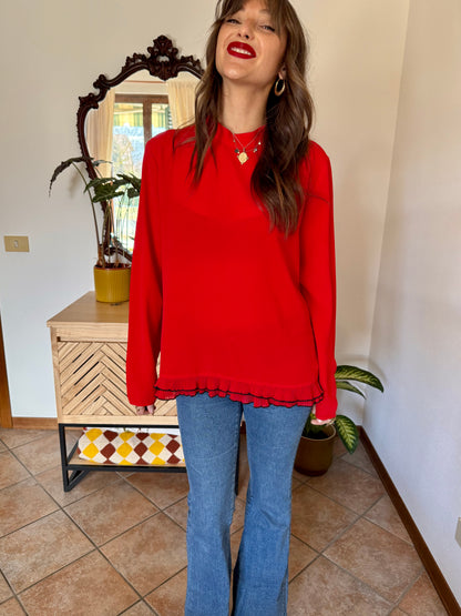 1980's vintage cherry red textured blouse with black ruffle hem