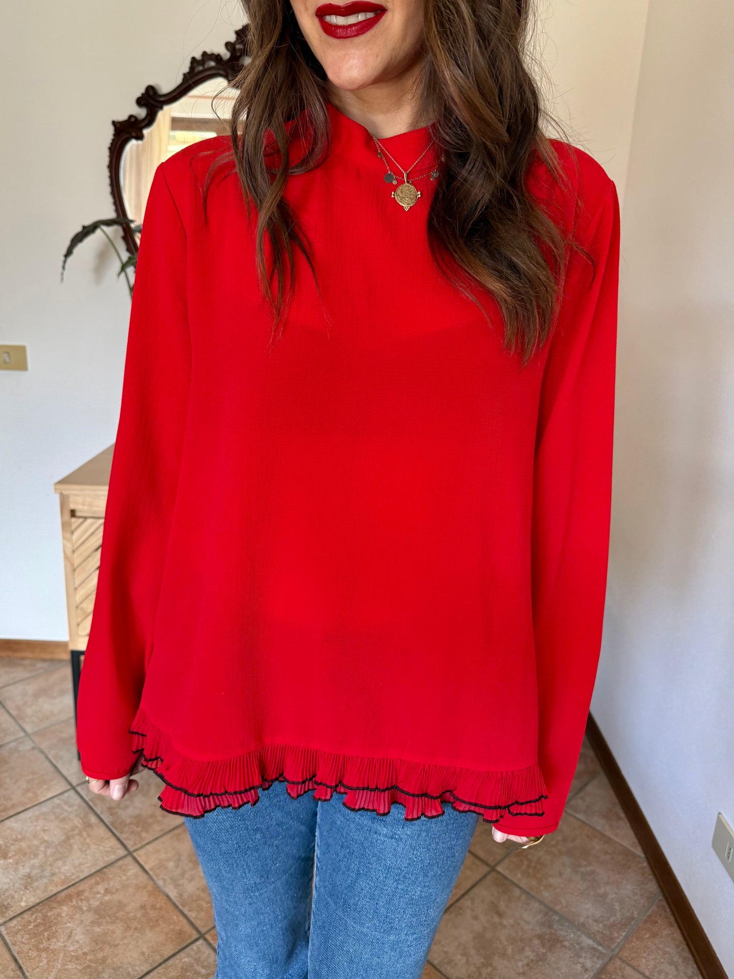 1980's vintage cherry red textured blouse with black ruffle hem