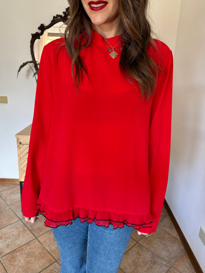 1980's vintage cherry red textured blouse with black ruffle hem
