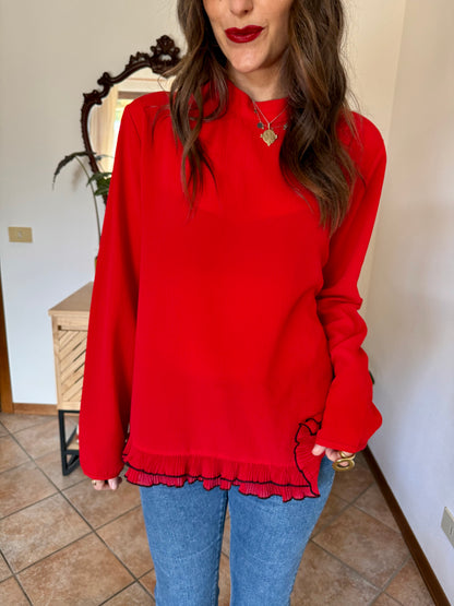 1980's vintage cherry red textured blouse with black ruffle hem