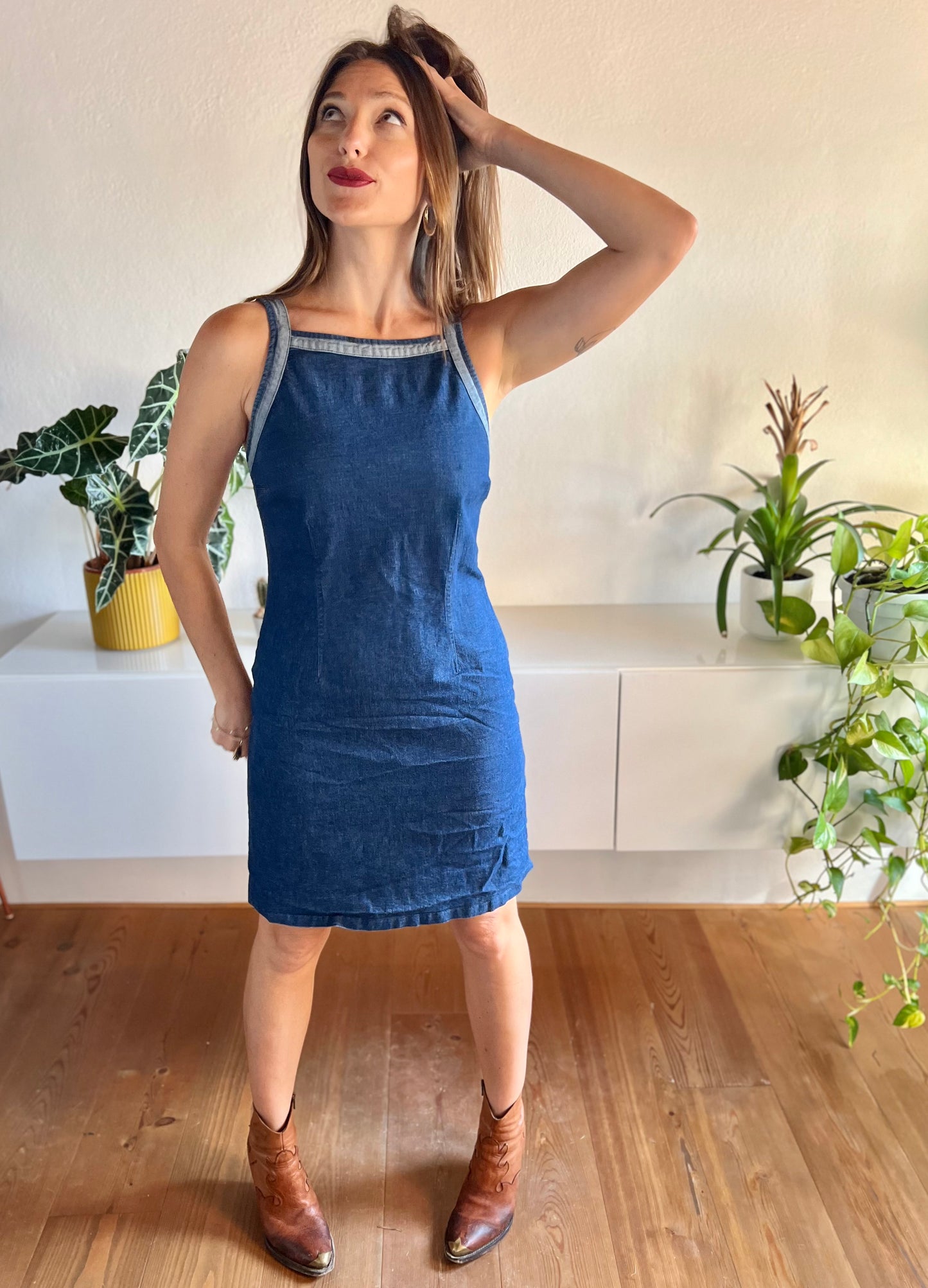 1990's vintage dark blue denim mini dress