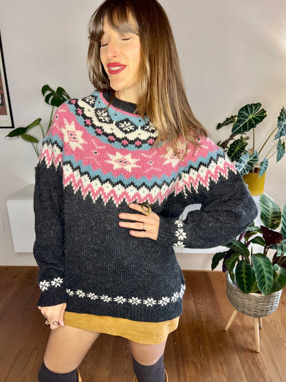 1970's pink and grey geometric knit wool pullover