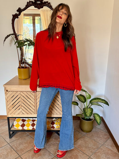 1980's vintage cherry red textured blouse with black ruffle hem