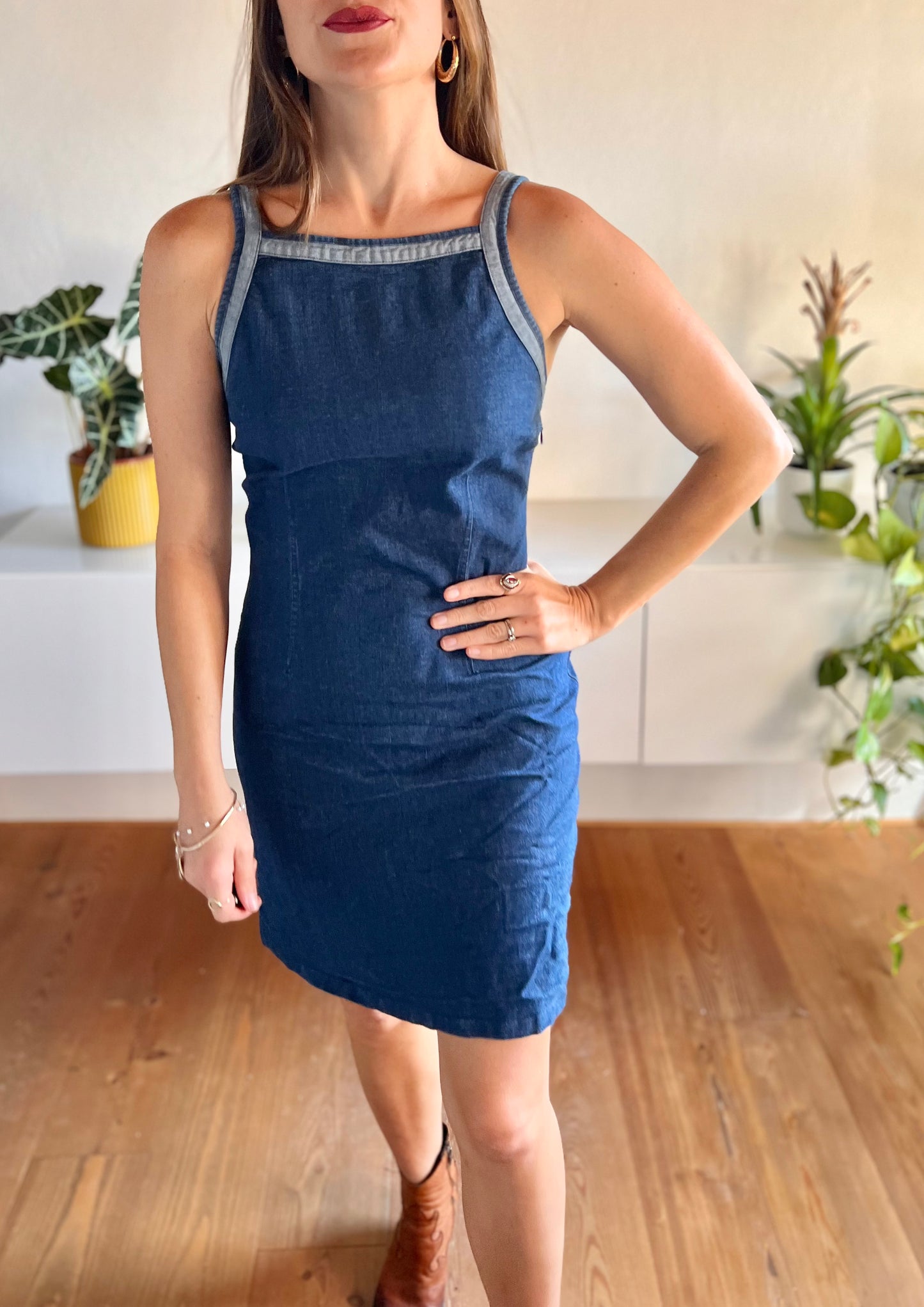 1990's vintage dark blue denim mini dress