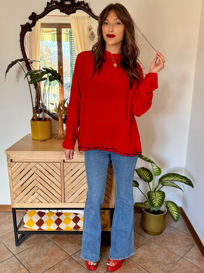 1980's vintage cherry red textured blouse with black ruffle hem