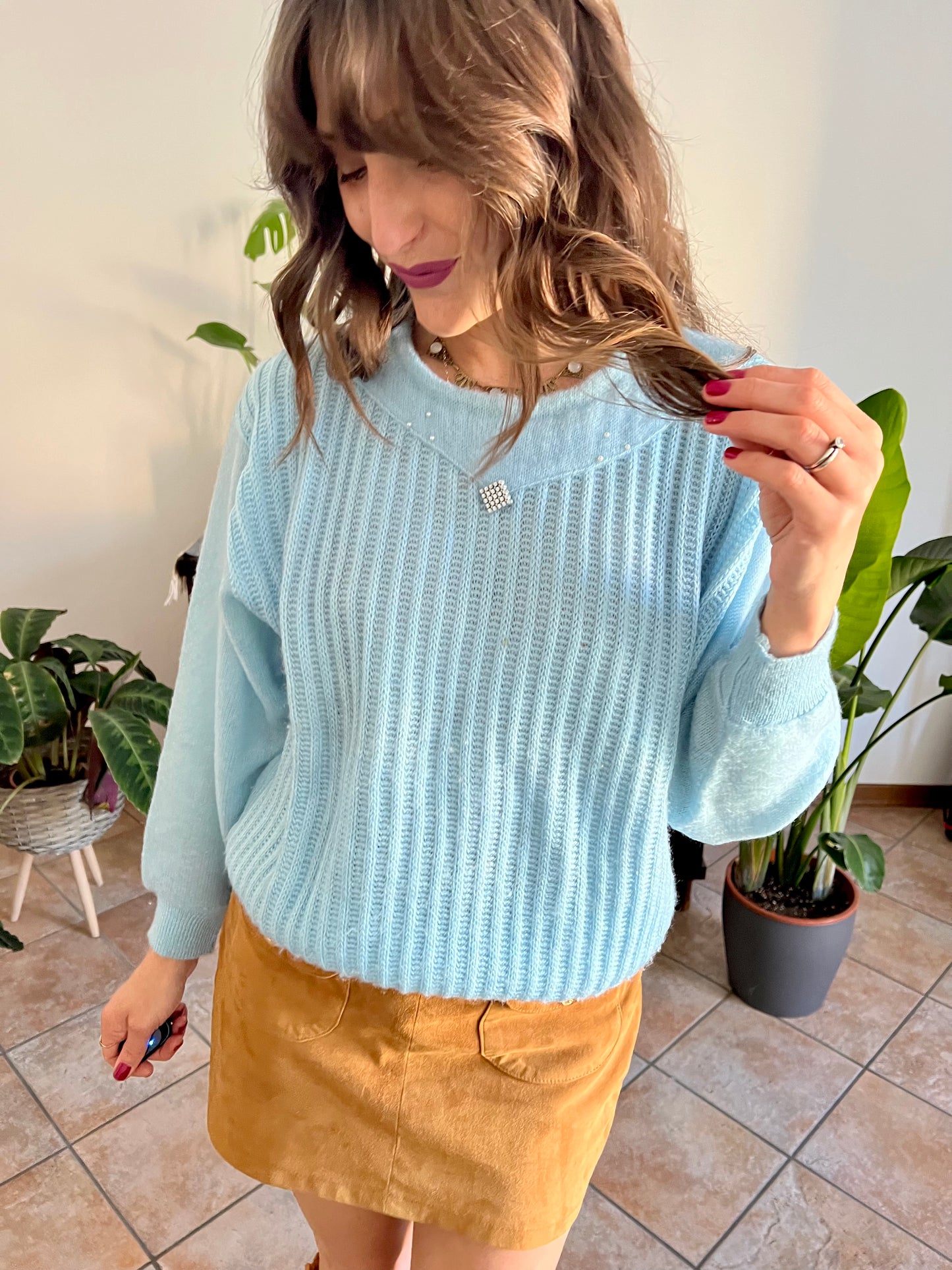 1980's vintage light blue knit pullover with rhinestone details