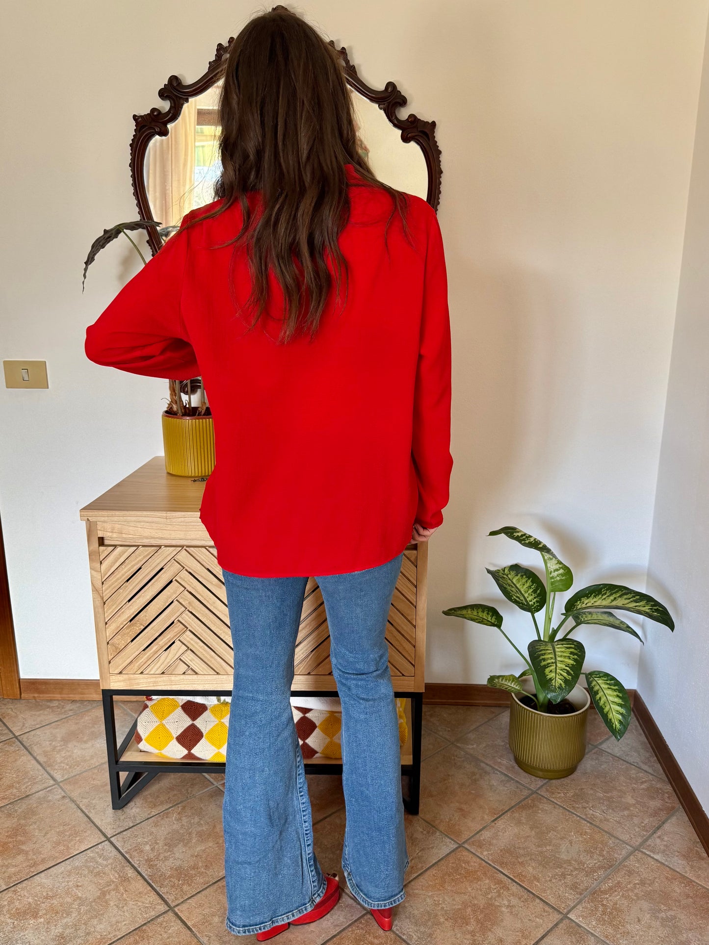 1980's vintage cherry red textured blouse with black ruffle hem
