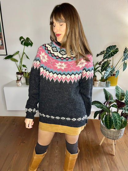 1970's pink and grey geometric knit wool pullover