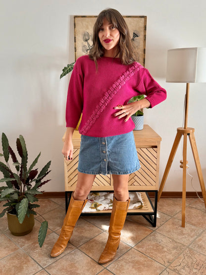 1980's vintage fuchsia knit pullover with texture asymmetrical knit detail