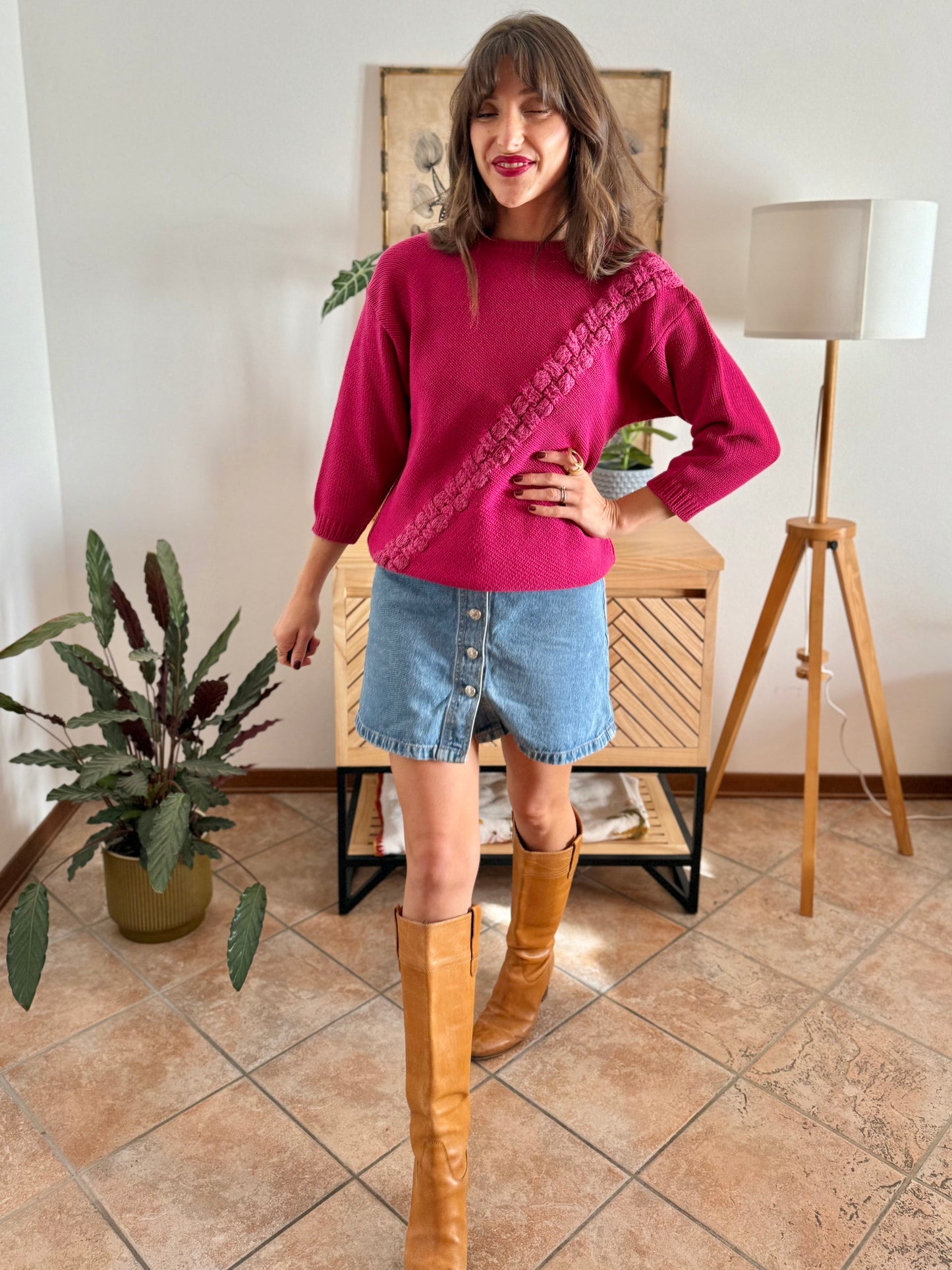 1980's vintage fuchsia knit pullover with texture asymmetrical knit detail