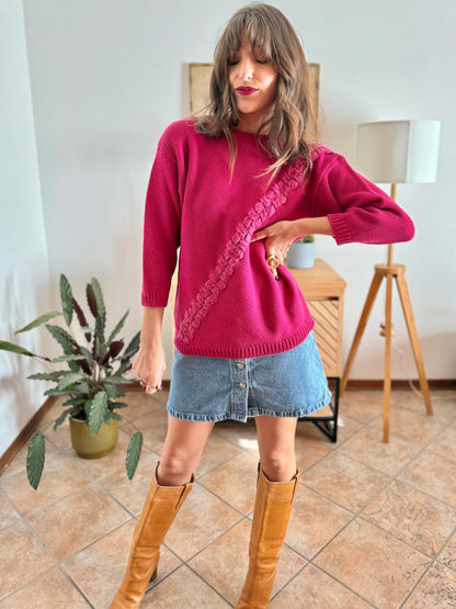 1980's vintage fuchsia knit pullover with texture asymmetrical knit detail