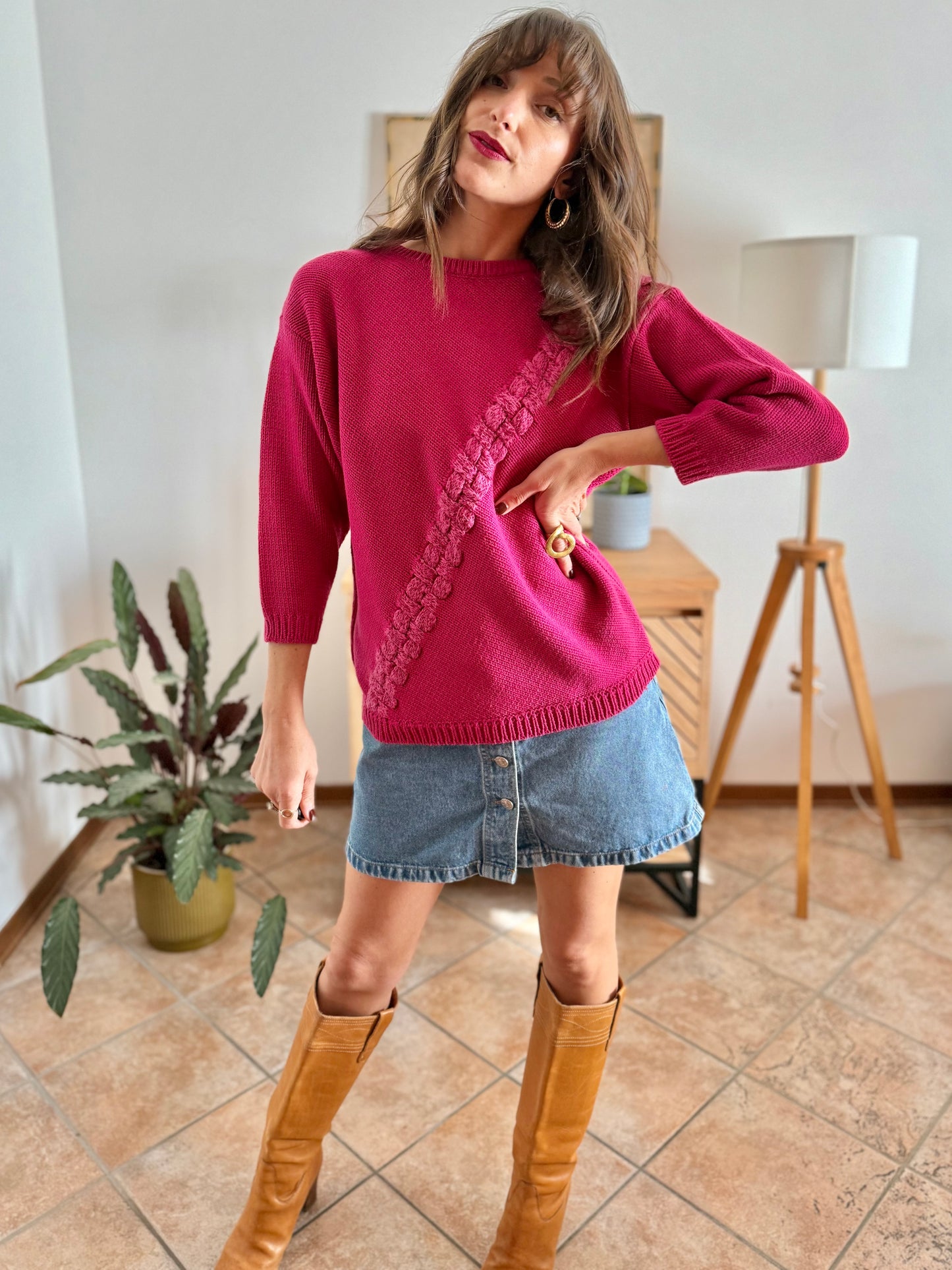 1980's vintage fuchsia knit pullover with texture asymmetrical knit detail